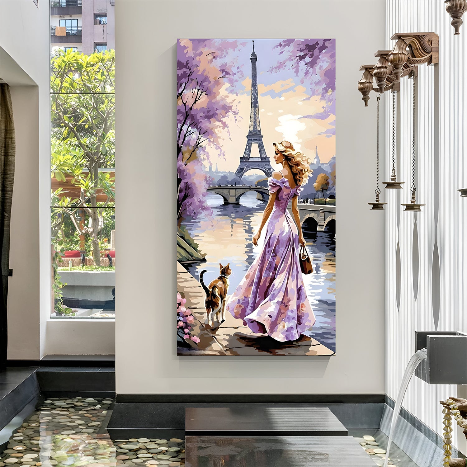 Paris evening elegance modern art canvas wall painting with woman near Eiffel Tower riverside in canvas wrapped frame