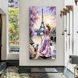 Paris evening elegance modern art canvas wall painting with woman near Eiffel Tower riverside in canvas wrapped frame