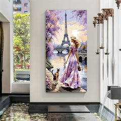 Paris evening elegance modern art canvas wall painting with woman near Eiffel Tower riverside in canvas wrapped frame