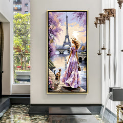 Luxury Paris modern canvas artwork in golden floater frame featuring Eiffel Tower riverside and stylish female figure