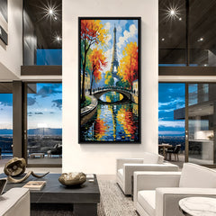 Modern Paris Eiffel Tower river painting in elegant black floater frame with bridge and autumn trees scenery
