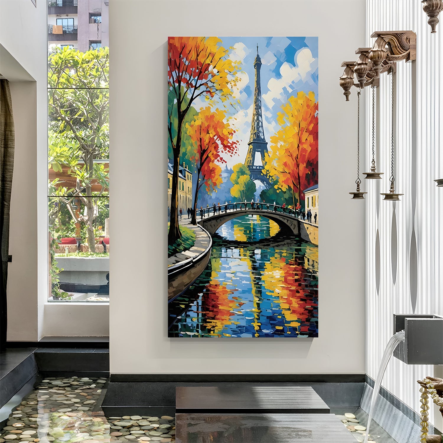 Paris riverside Eiffel Tower modern art canvas wall painting with bridge and glowing reflections in canvas wrapped frame