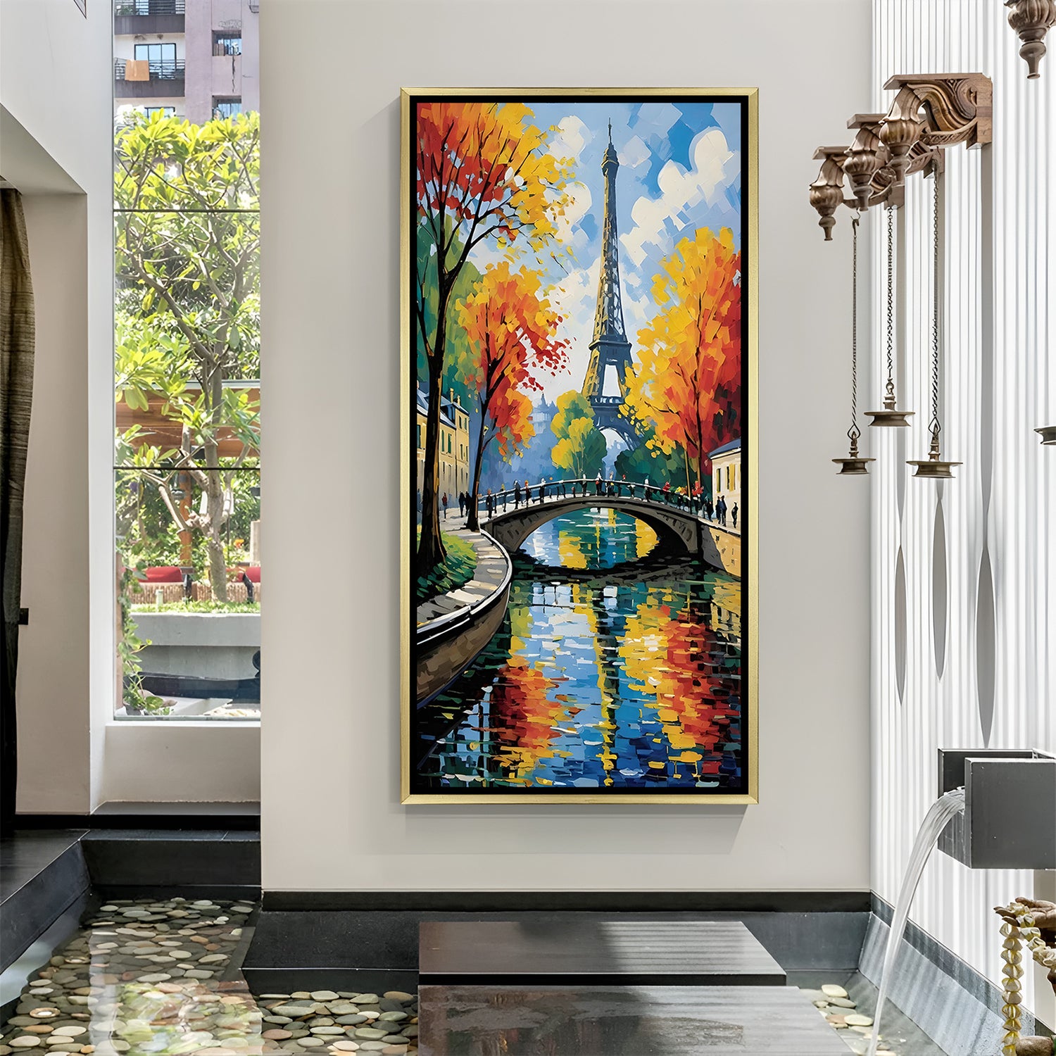 Luxury Paris riverside canvas artwork in golden floater frame featuring Eiffel Tower and romantic city reflections