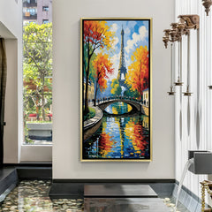 Luxury Paris riverside canvas artwork in golden floater frame featuring Eiffel Tower and romantic city reflections