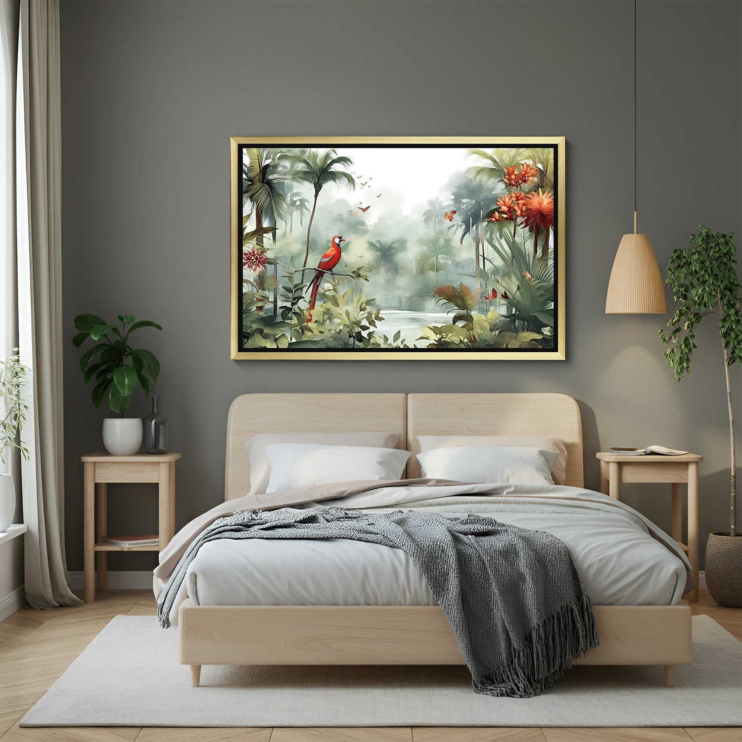 Wildlife jungle wall art with parrot and pond in golden floater frame, perfect for stylish and nature-themed home spaces