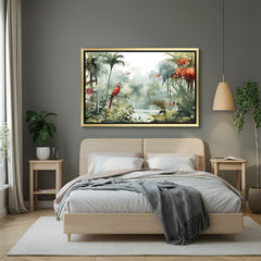 Wildlife jungle wall art with parrot and pond in golden floater frame, perfect for stylish and nature-themed home spaces