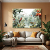 Canvas wall art featuring a parrot on a jungle tree with a pond in the background, ideal for adding tropical wildlife and natural beauty to your decor