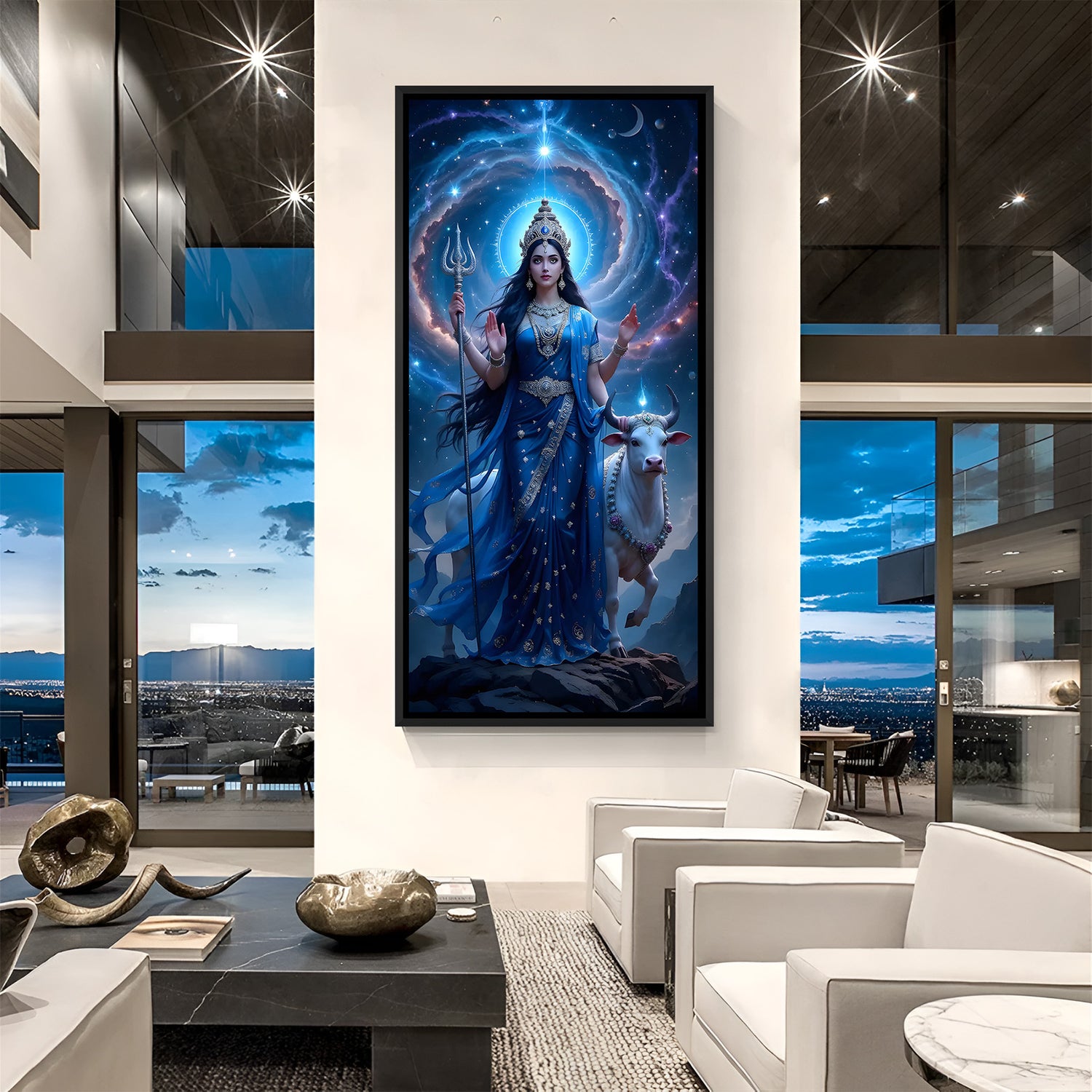 Parvati Maa divine canvas wall painting in elegant black floater frame with cow in background