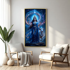 Parvati Maa spiritual artwork in luxury golden floater frame with sacred cow behind her