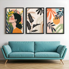 Canvas wall art set featuring bohemian girl, pastel random artwork, and light-toned boho patterns – for peaceful and elegant home styling