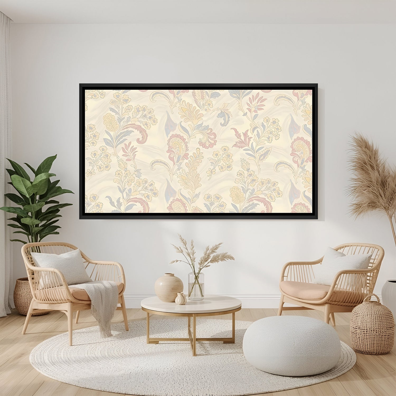 Pastel floral Kalamkari wall painting in modern black floater frame for sophisticated interiors