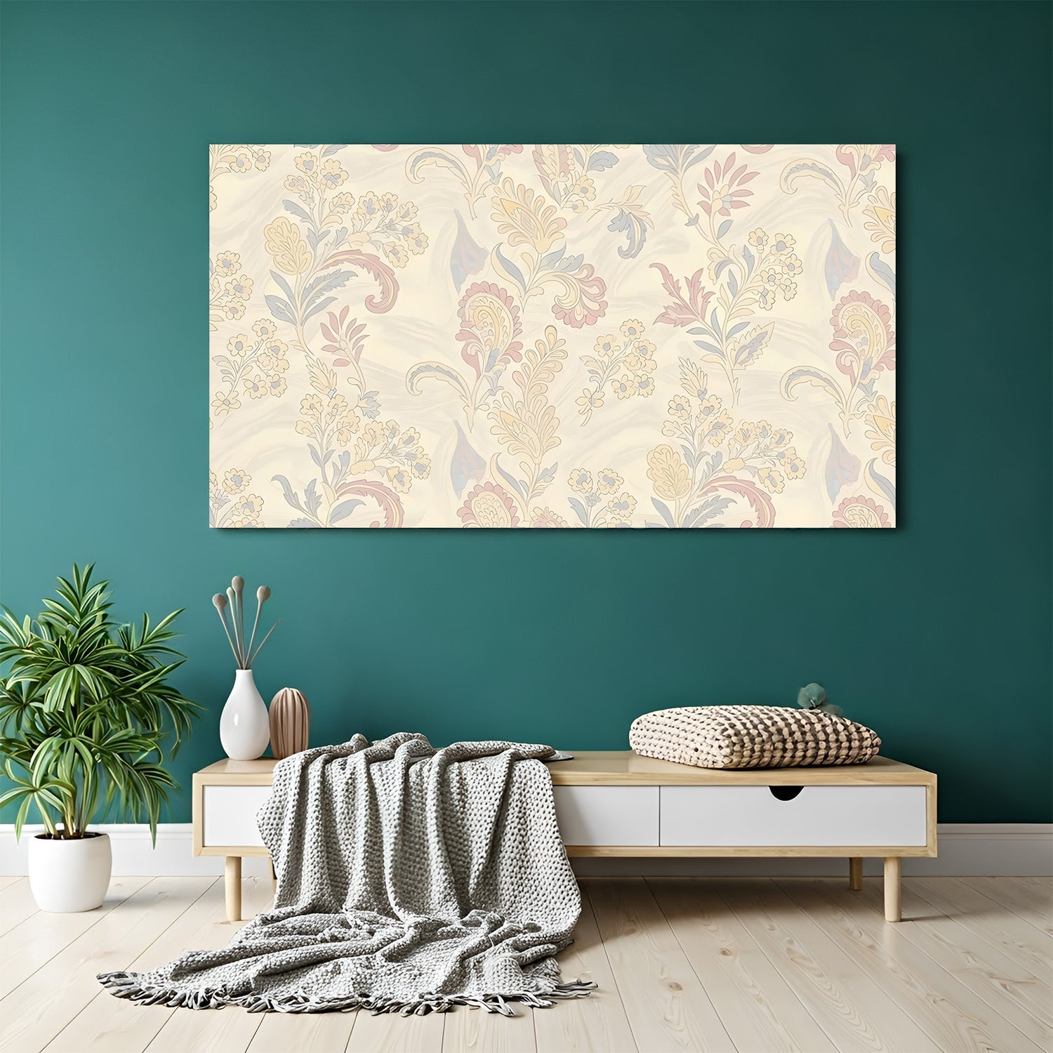 Pastel floral Kalamkari canvas wall art in premium canvas wrapped frame with elegant botanical patterns