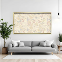 Luxury pastel floral Kalamkari artwork in golden floater frame with soft vintage botanical design