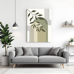 Minimal boho canvas wall art with light green stone forms, leaf stem, and clean line accents