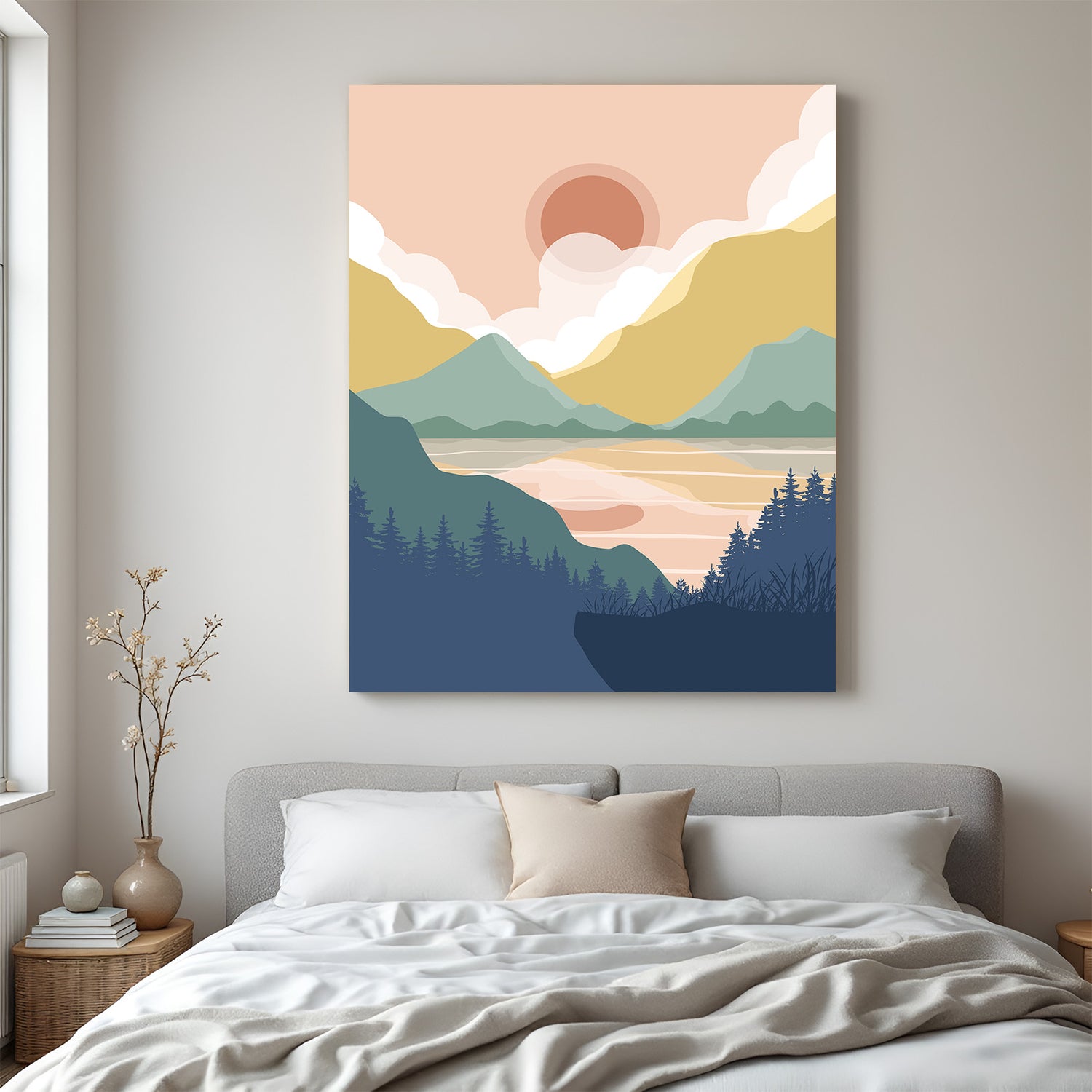 Canvas wall art showing pastel-toned mountains in unique colors with boho minimal styling