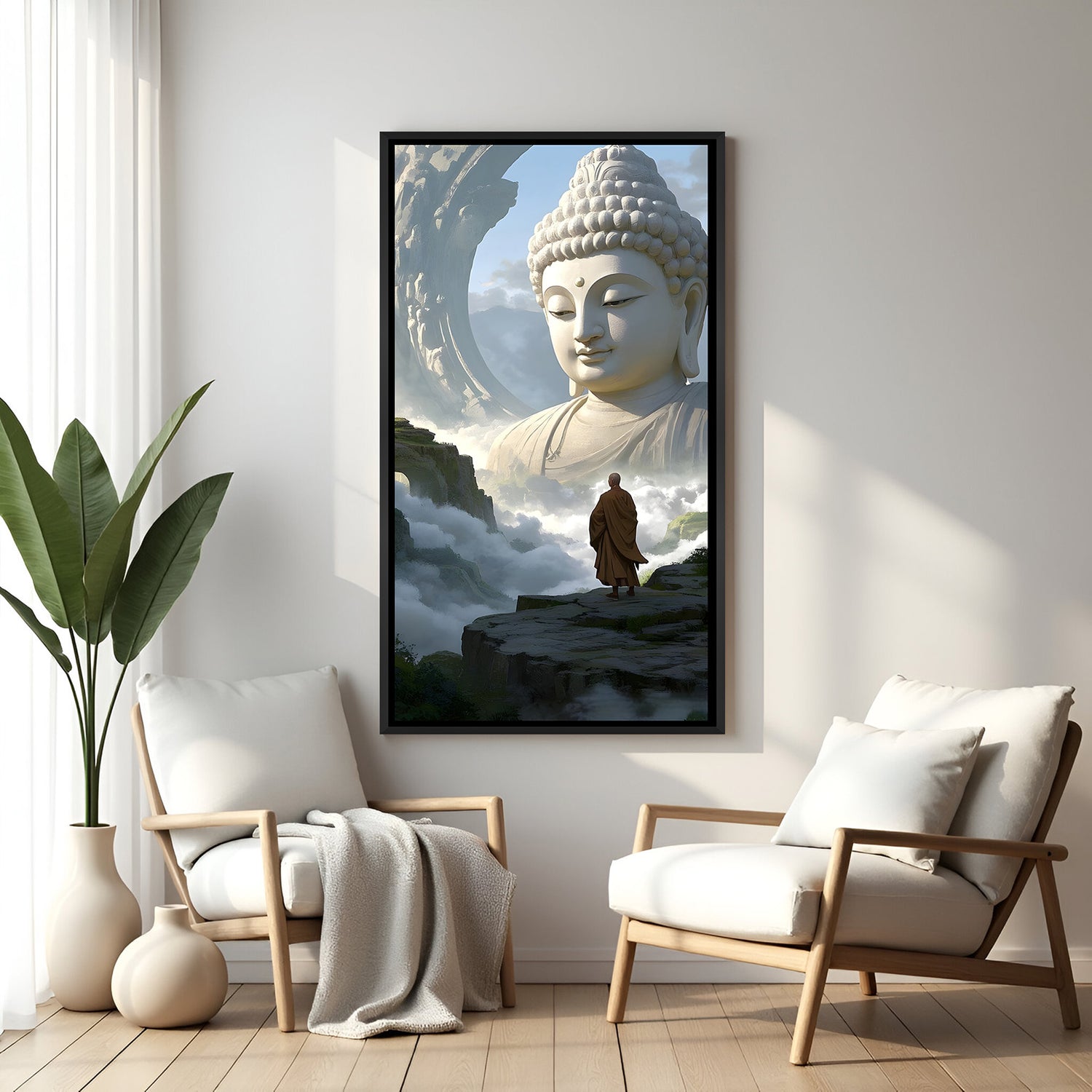 Spiritual Buddha mountain artwork in black floater frame showing monk overlooking clouds.