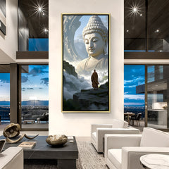 Luxury vertical Buddha canvas in gold floater frame with cinematic mountain landscape scene.