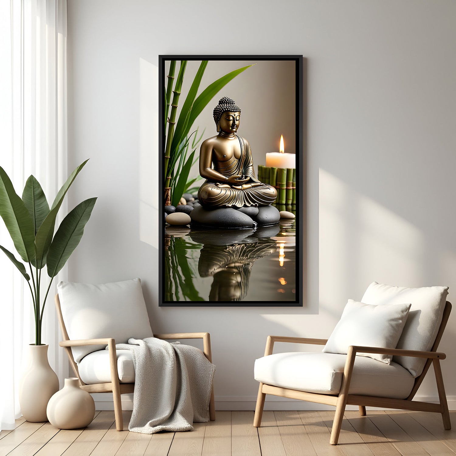 Peaceful Candle Buddha spiritual canvas artwork in premium black floater frame