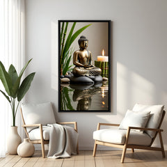 Peaceful Candle Buddha spiritual canvas artwork in premium black floater frame