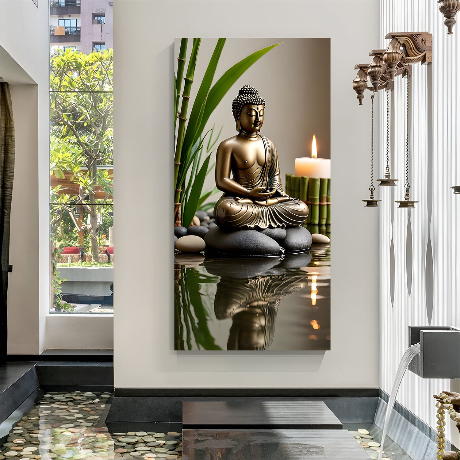 Peaceful Candle Buddha canvas painting with calm spiritual artwork in canvas wrapped frame