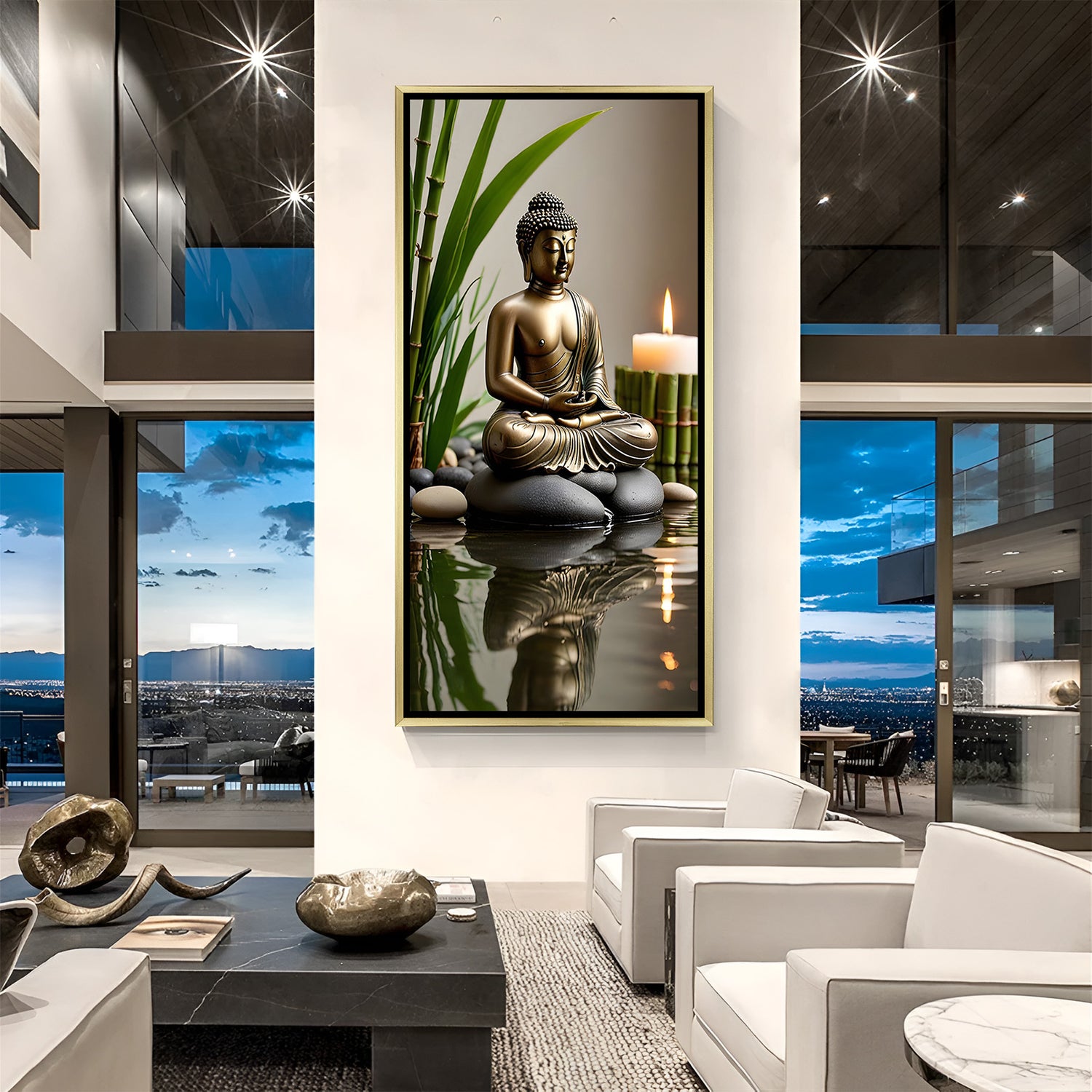 Peaceful Candle Buddha wall art in luxury golden floater frame with meditation candle design