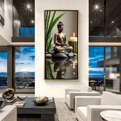 Peaceful Candle Buddha wall art in luxury golden floater frame with meditation candle design