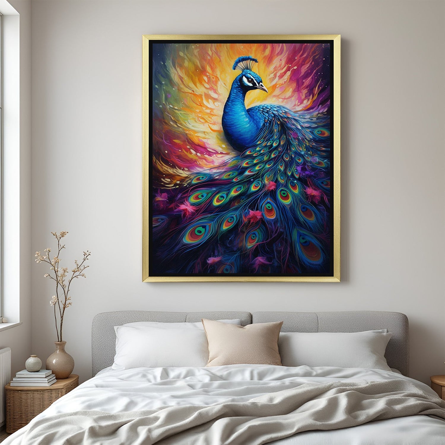 Golden floater frame peacock canvas painting with vastu symbolism and spiritual beauty, perfect for uplifting the energy of home and workspaces