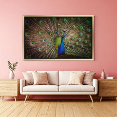 Peacock wall art in golden floater frame symbolizing prosperity and beauty with traditional Indian vastu painting aesthetics for stylish home decor