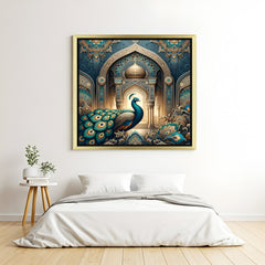 Peacock canvas painting with golden floater frame, Vastu wall art for prosperity and grace in home decor