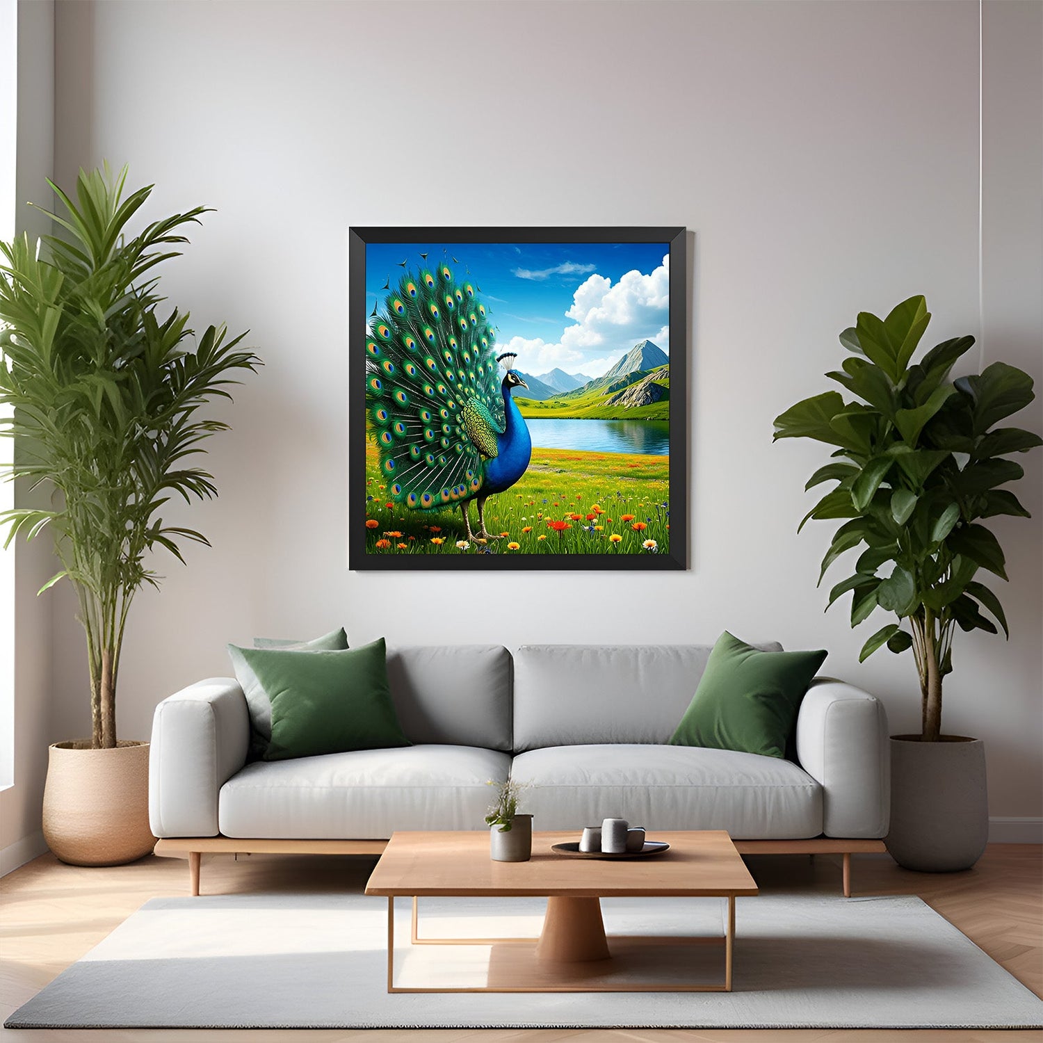 Peacock canvas wall art with black floater frame, ideal for office decor to attract prosperity and success