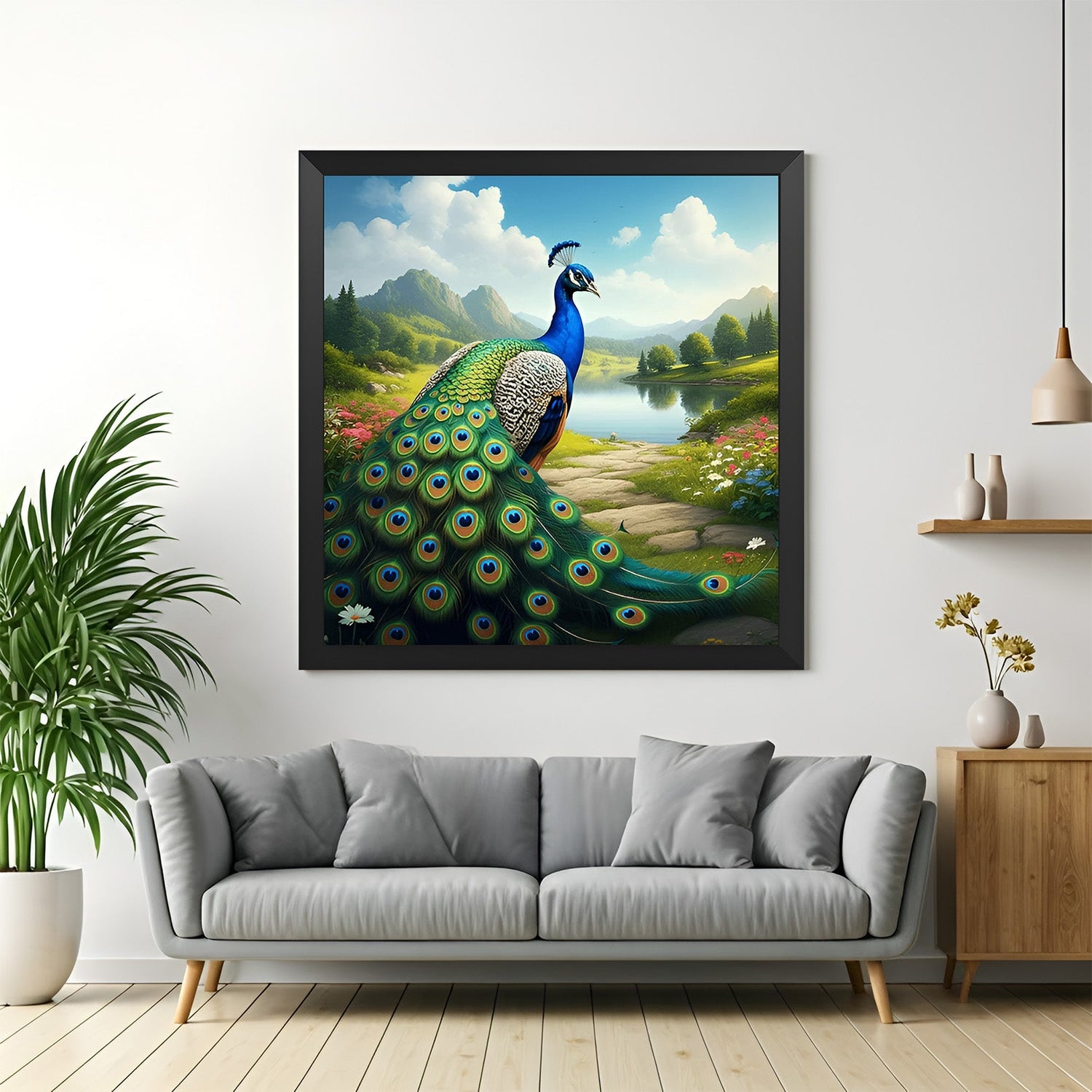 Peacock canvas wall painting with black floater frame, ideal for office walls and Vastu-compliant elegant decor
