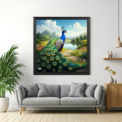 Peacock canvas wall painting with black floater frame, ideal for office walls and Vastu-compliant elegant decor