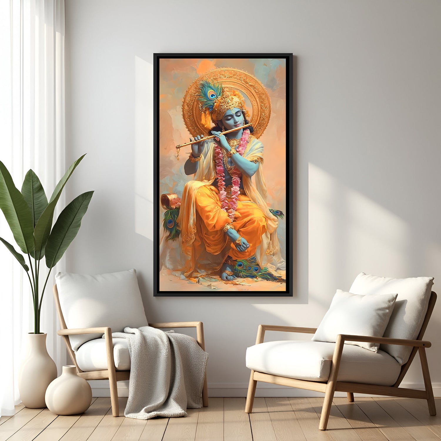 Krishna flute floral garland peacock feather artwork in elegant black floater frame spiritual canvas decor