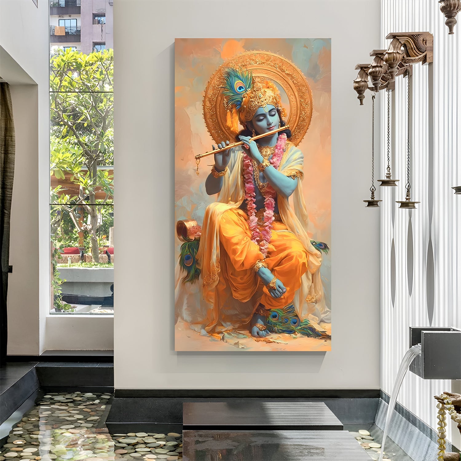 Lord Krishna playing flute with peacock feather and pink floral garlands canvas wall art in canvas wrapped frame