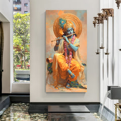 Lord Krishna playing flute with peacock feather and pink floral garlands canvas wall art in canvas wrapped frame