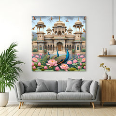 Peacock Duo Vastu Canvas Wall Art featuring two colorful peacocks for spiritual home decor, Vastu balance, and positive energy in living room or bedroom