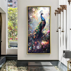 Golden frame peacock vastu painting radiating beauty, prosperity, and vastu-approved flow for stylish living spaces