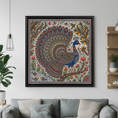 Elegant Madhubani peacock artwork with fish birds and mango tree in black floater frame for modern ethnic decor