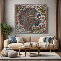 Peacock Madhubani art canvas wall painting with fish below, birds around, and mango tree in traditional folk design