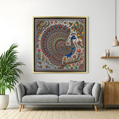 Luxury peacock Madhubani painting canvas with fish birds and mango tree in golden floater frame