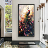 Peacock hand-painted canvas wall art with vibrant feathers in black floater frame
