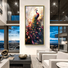 Peacock hand-painted canvas wall art with vibrant feathers in golden floater frame