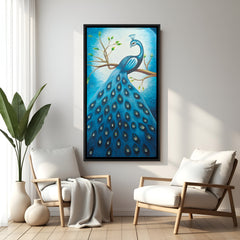 Peacock hand painting in portrait style with black floater frame – royal Vastu canvas wall art for prosperity and elegance