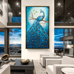 Peacock hand painted canvas artwork in golden floater frame – auspicious Vastu wall art symbolizing wealth and positivity