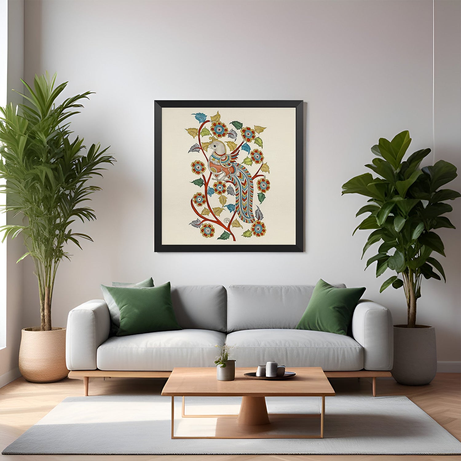 Peacock Kalamkari canvas in black floater frame for classic and traditional Indian home and office decor