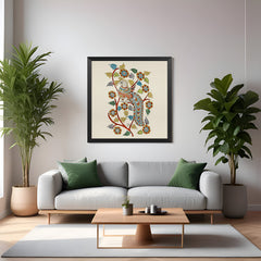 Peacock Kalamkari canvas in black floater frame for classic and traditional Indian home and office decor