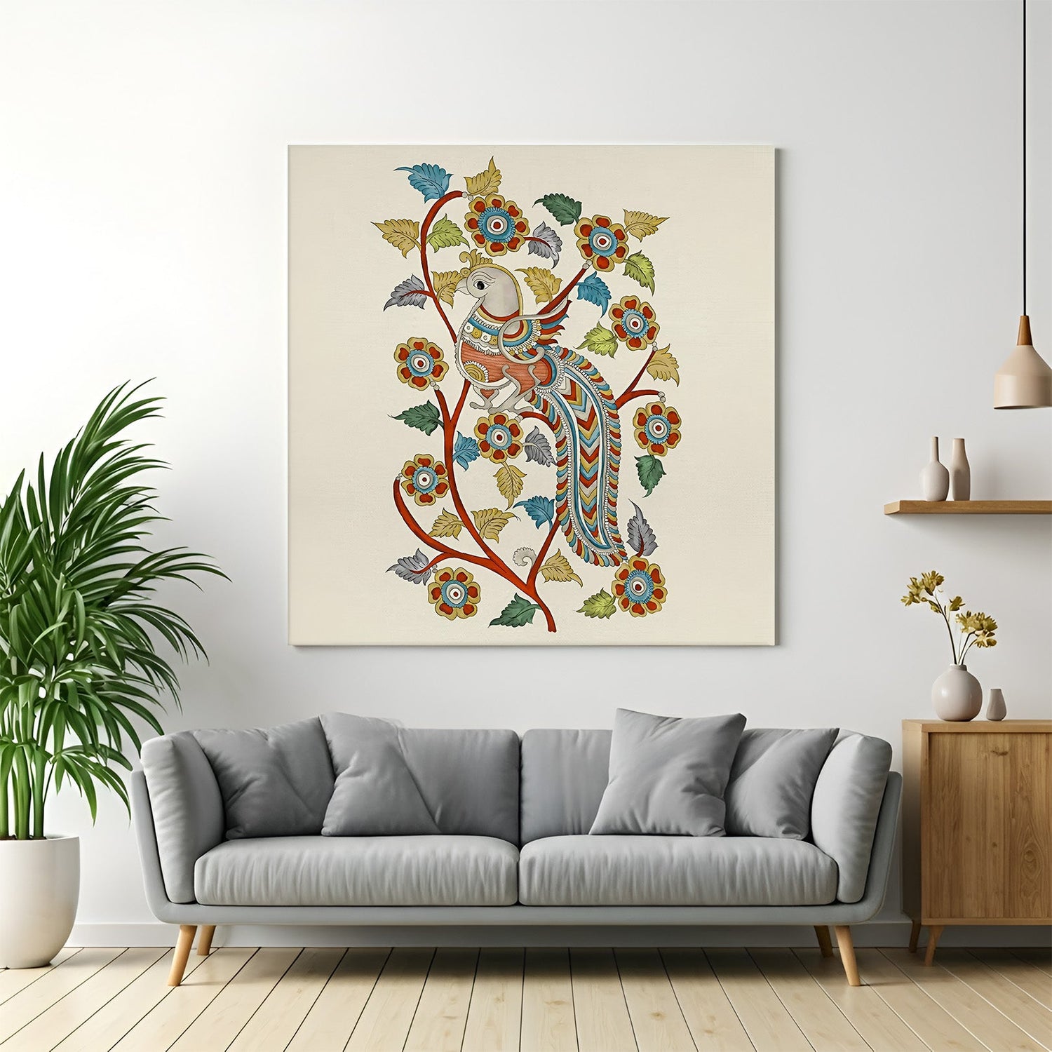Peacock Kalamkari canvas wall art with intricate traditional Indian patterns for elegant and ethnic interiors