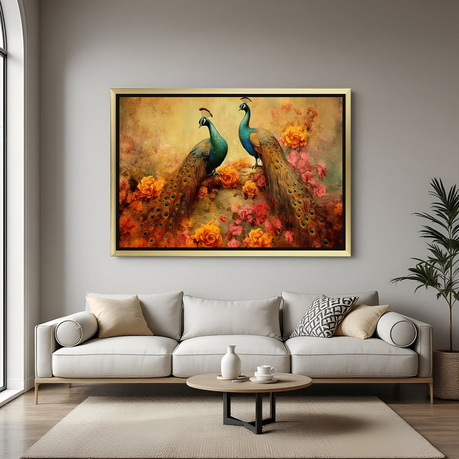 golden floater frame canvas of peacock pair vastu painting to attract love luck and positive energy as per traditional vastu principles