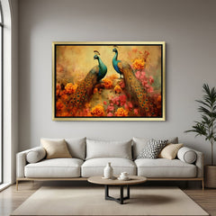 golden floater frame canvas of peacock pair vastu painting to attract love luck and positive energy as per traditional vastu principles
