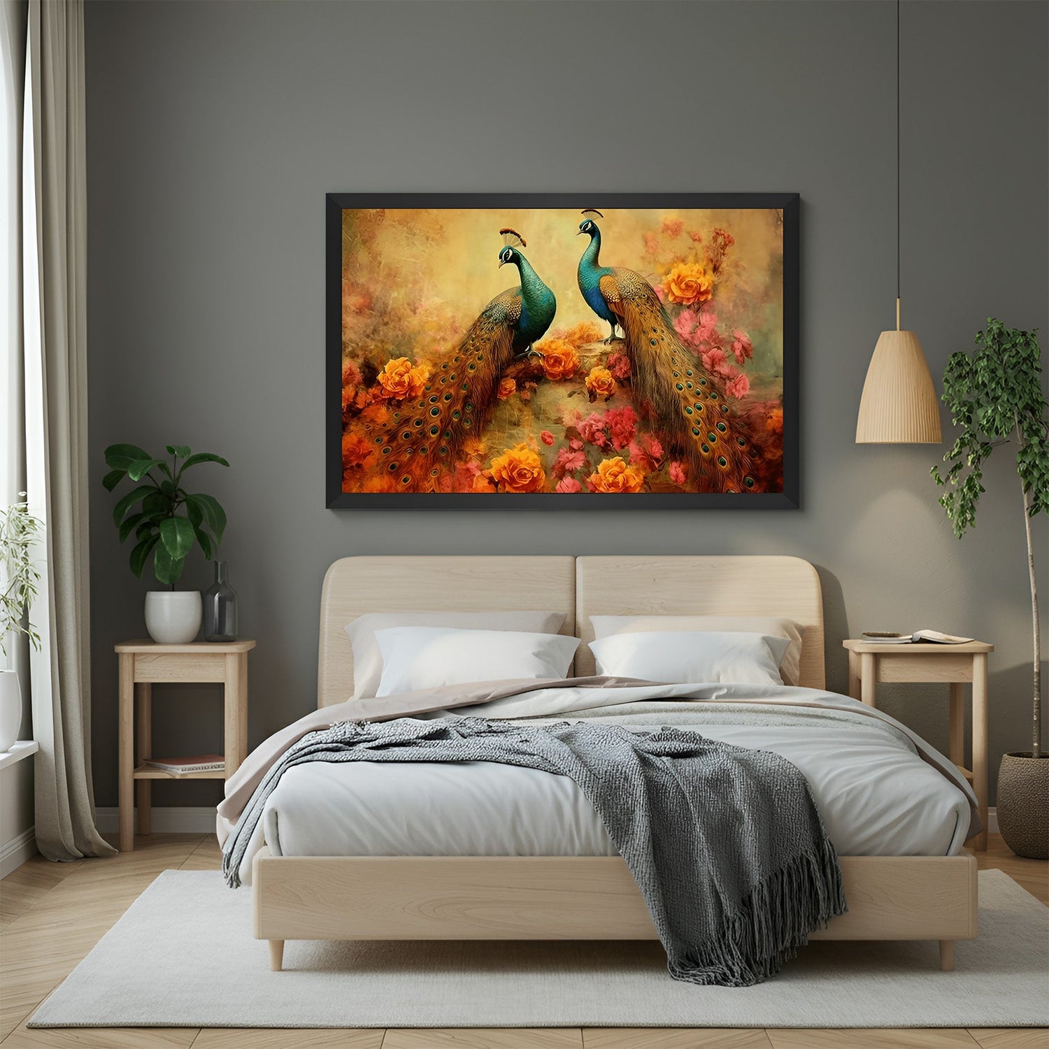 pair of peacock vastu canvas painting in black floater frame for home decor to enhance peace prosperity and vastu compliance